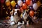 A cute couple, cat and dog, they celebrate and pose for photos, balloons and flashes of light in the background