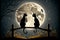 A cute couple of cats sits on a fence against the background of the night sky and the moon. AI generated.