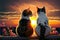 Cute couple of cats sitting on the fence against the backdrop of the setting sun. AI generated.