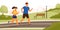 Cute couple dressed in sportswear running or jogging in park. Happy man and woman training outdoor together. Sports