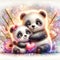 A cute couple of fluffy panda bear cub, surrounded by bamboo sticks and flowers, hugging a heart, dreamy, cartoon, love scene