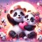 A cute couple fluffy panda hugging a heart in love, with cotton flower and pink sunset in background, gramicing face