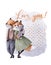 Cute couple of foxes with flowers, watercolor style greeting card, valentines poster with cartoon characters