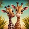 Cute couple giraffes cartoon with wildlife landscape