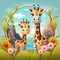 Cute couple giraffes cartoon with wildlife landscape