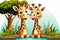 Cute couple giraffes cartoon with wildlife landscape