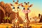 Cute couple giraffes cartoon with wildlife landscape. Beautiful sunset with mountains, trees, desert and grass