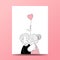 Cute couple hand drawn doodle style. Girl kiss his boyfriend cheek with heart shaped balloon.