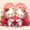 A cute couple of happy bear, hugging a big heart in a love scene, love sign in backdrop with rose flower, cartoon, fantasy art