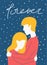 Cute couple hugs on stars dots background with forever lettering postcard valentines day