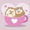 The cute couple in love of hedgehog sitting in the big cup with wedding theme in the pueple background.