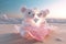 A cute couple pink teddy bear for love, valentine, or wedding design, heart-shaped transparent bubble on the beach