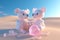 A cute couple pink teddy bear for love, valentine, or wedding design, heart-shaped transparent bubble on the beach