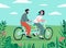 Cute couple riding on tandem bike at nature landscape vector flat illustration. Enamored man and woman enjoying physical