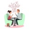 Cute couple seating in cafe. Communication and rapport vector illustration concept. Happy Valentines Day card. Woman and