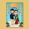 Cute couple in traditional indian dress cartoon character.Romantic wedding invitation card