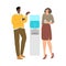 Cute couple of young man and woman drinking water from the cooler. Vector illustration in cartoon style.