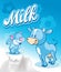 Cute cow and cat on blue milk design - vector