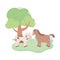 Cute cow and horse tree meadow cartoon animals in a natural landscape