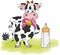 Cute cow and milk baby bottle on green grass