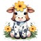 Cute Cow Sitting Flowers Watercolor Clipart Illustration AI Generative