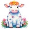 Cute Cow Sitting Flowers Watercolor Clipart Illustration AI Generative