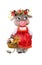 Cute cow in a Slavic folk costume. Carries milk and wheat, on his head a wreath of flowers and fruits. Symbol of the