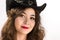 Cute Cowgirl in Black Hat on White Background