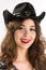 Cute Cowgirl in Black Hat on White Background