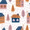 Cute cozy houses seamless vector pattern. Illustration in Scandinavian style on a white background. Colorful little buildings