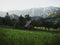 Cute cozy little rustic wood cabin hut shack alpine landscape nature green grass meadow in Upper Austria alps mountains