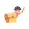 Cute Creative Kid Character in Costume with Hat, Sword and Chest Made of Cardboard Box Cartoon Vector Illustratio