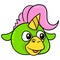 Cute creature with a pink haired bird beak and horns. carton emoticon. doodle icon drawing