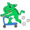 Cute creature is playing with happy faced thrust scooter, doodle icon image kawaii