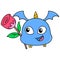 Cute creature with sharp toothed wings flying with roses, doodle icon image kawaii