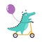 Cute Crocodile Character with Balloon Riding Kick Scooter Vector Illustration