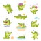 Cute crocodile character with friends set vector illustration. Cartoon funny animation of adorable baby alligator
