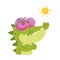 Cute crocodile character wearing pink sunglasses, portrait of funny alligator with teeth