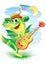 Cute crocodile character in a yellow hat plays guitar fun, vector illustration