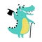 Cute Crocodile with Top Hat and Walking Cane, Funny Alligator Predator Animal Character Cartoon Style Vector
