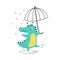 Cute Crocodile Walking with Umbrella in Rainy Day, Funny Alligator Predator Animal Character Cartoon Style Vector