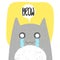 Cute crying cat with anime emotion and speech babble saying meow. Hand drawn vector illustration of kitty in flat cartoon design.