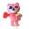 Cute cuddly pink teddy bear eating popcorn and drinking soda while watching a 3d movie, 3d illustration