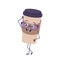 Cute cup of coffee character with glasses and joyful emotions, smiling face, happy eyes, arms and legs. A mischievous