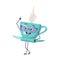 Cute cup of tea character with glasses and joyful emotions, smiling face, happy eyes, arms and legs. A mischievous mug