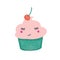 Cute cupcake with cherry flat vector illustration. Creamy confection with berry on top cartoon character. Funny fruit