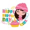 Cute cupcake girl with her birthday cake cartoon illustration for Happy Birthday card design