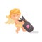 Cute cupid dragging a big heavy love bomb. Valentines Day flat icon