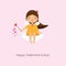 Cute Cupid girl sitting on cloud and spreading love hearts. St Valentines day background