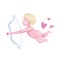 Cute Cupid silhouette with bow and arrow heart. Valentines Day design. Pink watercolor angel. Amur symbol of love for